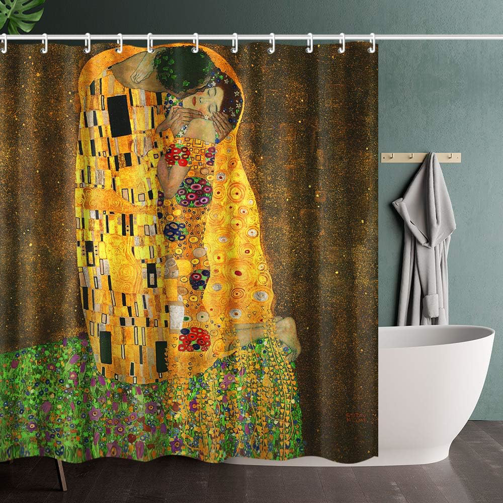 INVIN ART Bathroom Shower Curtain Set with Hooks,The Kiss by Gustav Klimt,Home A