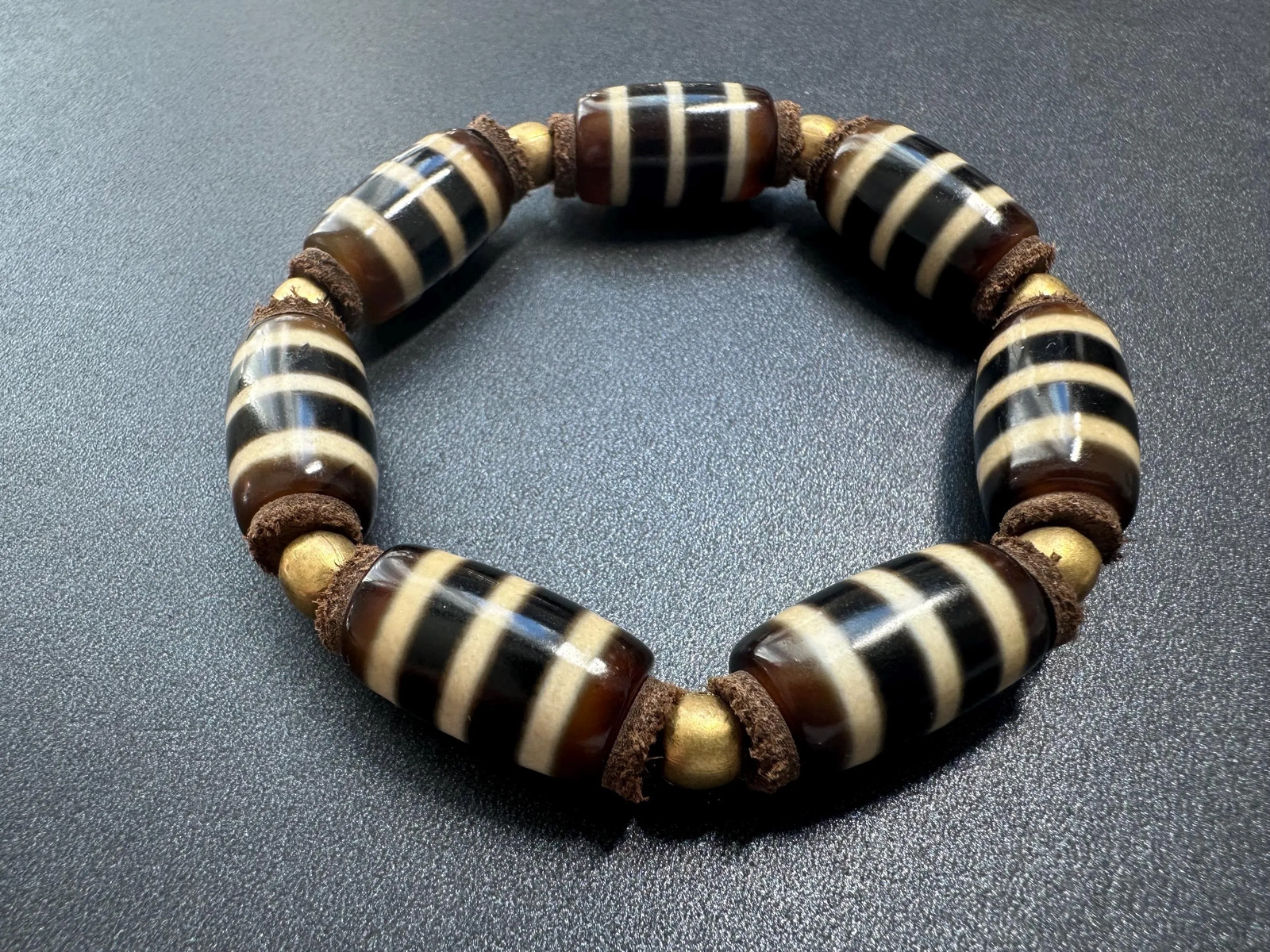 Striped Agate Dzi Bead Bracelet | Tibetan 3 Line Dzi Style Barrel Beads | Brown