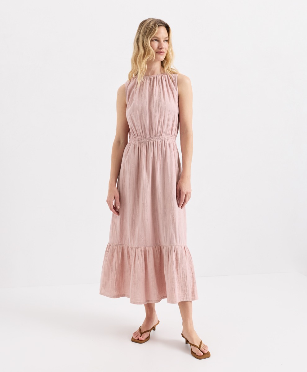 New Pact Womens Organic Coastal Gauze Tiered midi Dress Blush Pink Size Small New Pact Womens Organic Coastal Gauze Tiered midi Dress Blush Pink Size Small