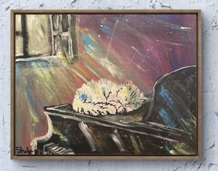 Shafer Original 12x16 Expressionist Colorful Cat On Piano Painting Signed Canvas