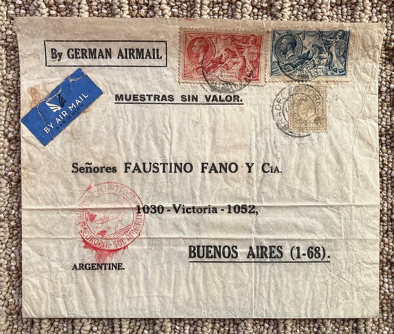 1934 KGV Seahorse Zeppelin Cover via German Airmail Faustino Fano Buenos Aires