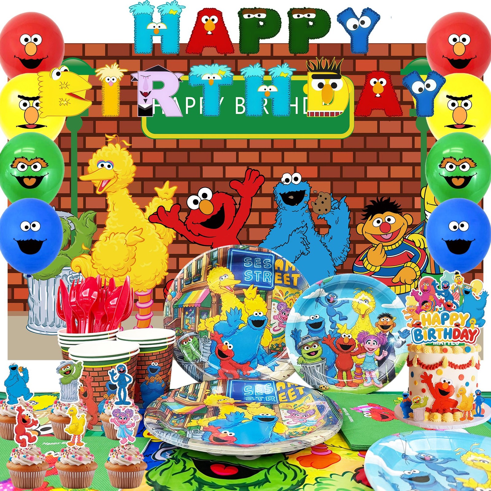 110 Pcs Sesame Street Party Decoration Birthday Plates Cups Balloons Cake Topper 110 Pcs Sesame Street Party Decoration Birthday Plates Cups Balloons Cake Topper