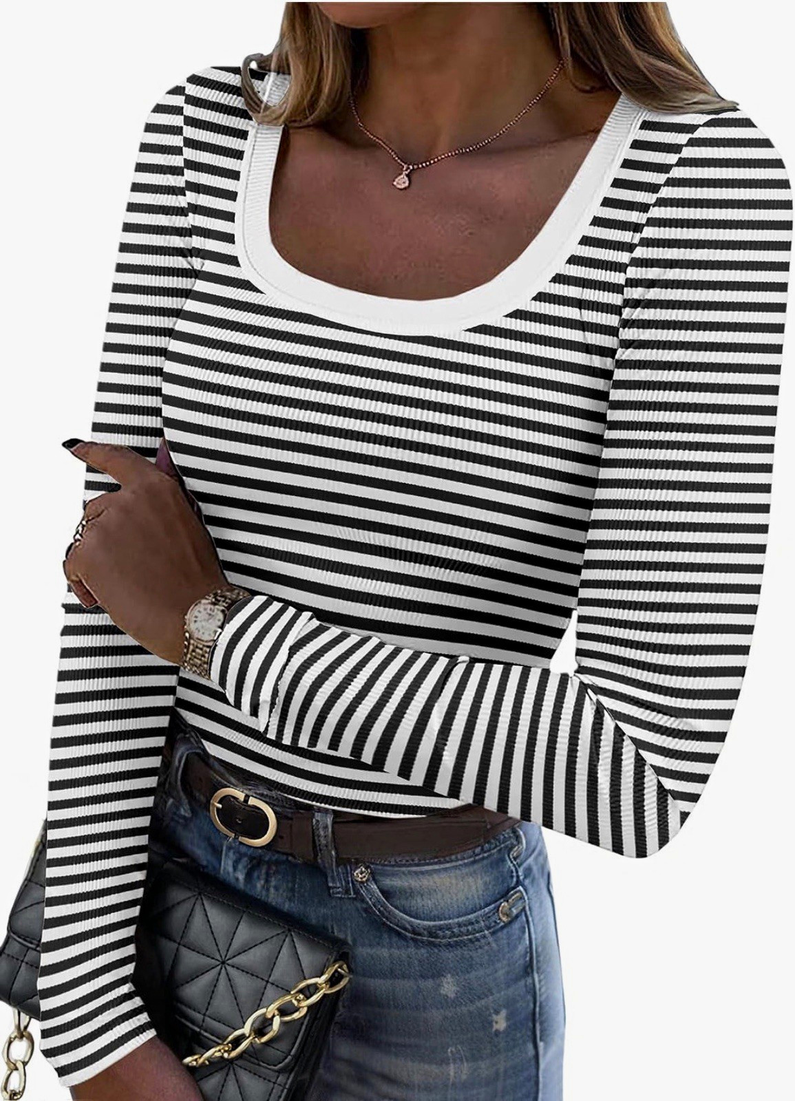 Women’s Black/White Striped Rib Knit Scoop Neck Long Sleeve Stretch Top M Women’s Black/White Striped Rib Knit Scoop Neck Long Sleeve Stretch Top M