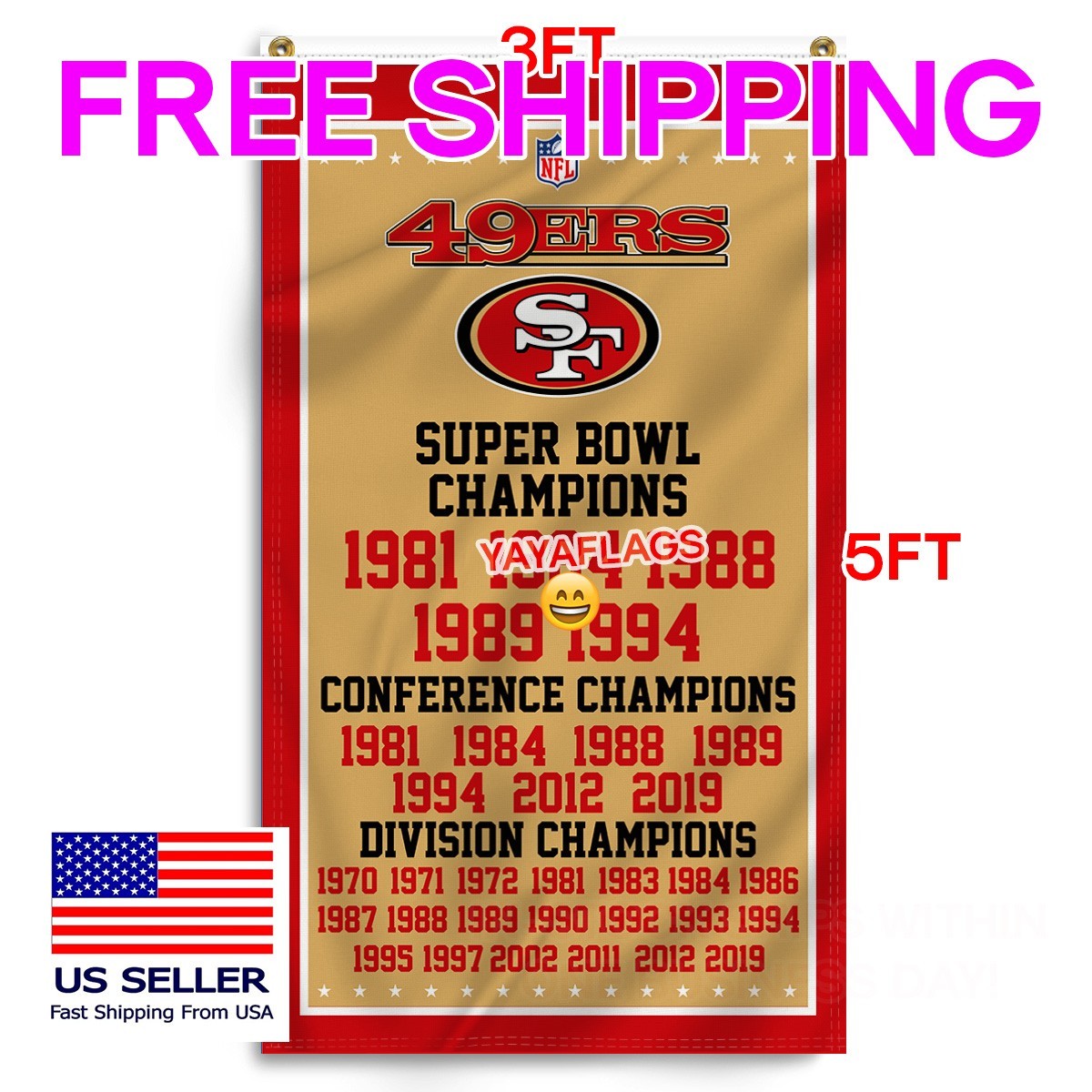 San Francisco 49ers 3x5 ft Flag Champions NFL Football Banner San Francisco 49ers 3x5 ft Flag Champions NFL Football Banner