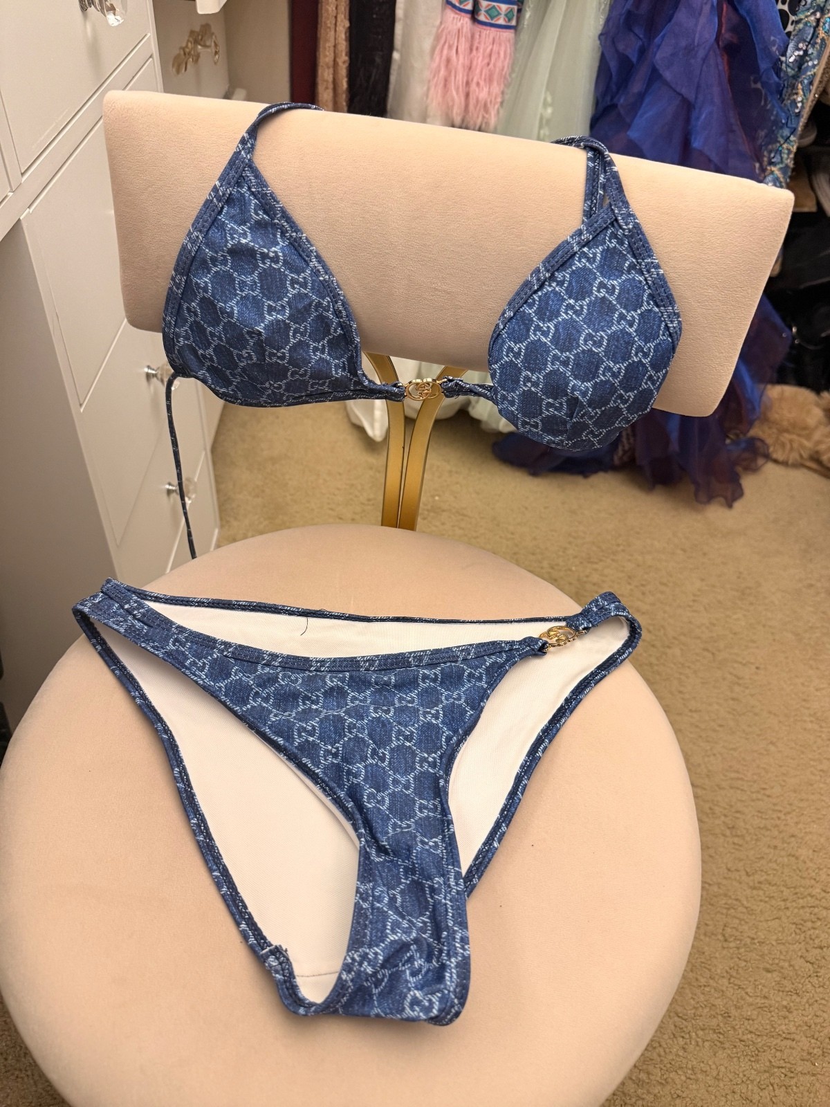 Blue GG Denim Print Bikini Set with Gold Logo Accents Blue GG Denim Print Bikini Set with Gold Logo Accents