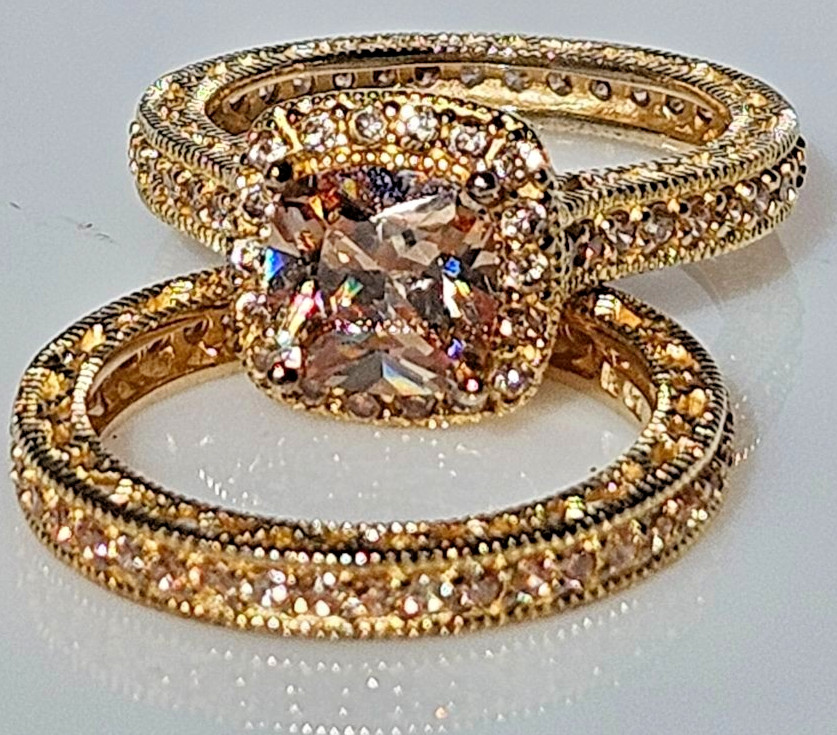 Ross Simons R CZ 925 China Vintage Ring Set Cushion Halo Gold Vermeil Size 9