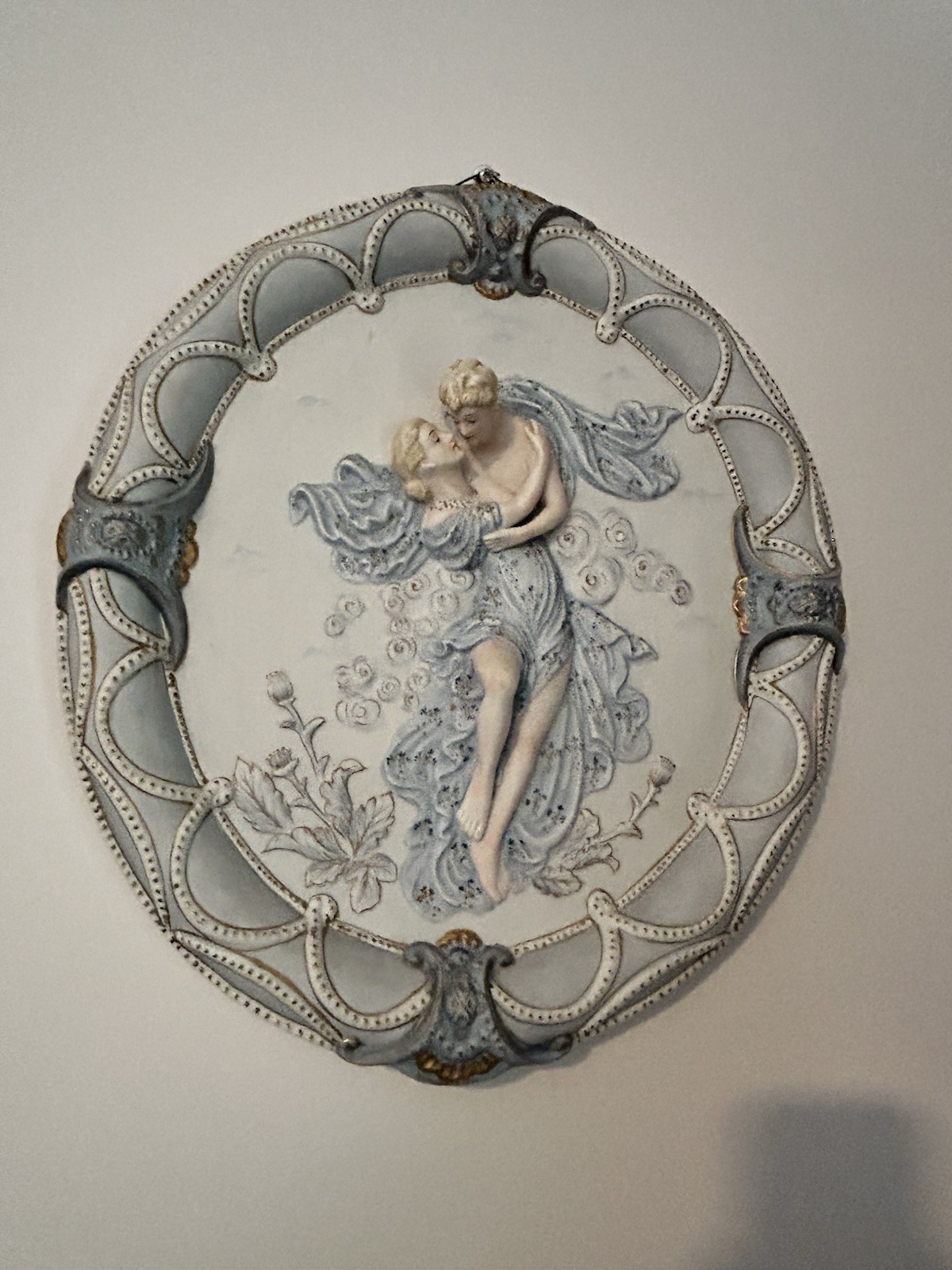 Pair Antique Ernst Wahliss Attributed Art Nouveau Porcelain Relief Wall Plaques