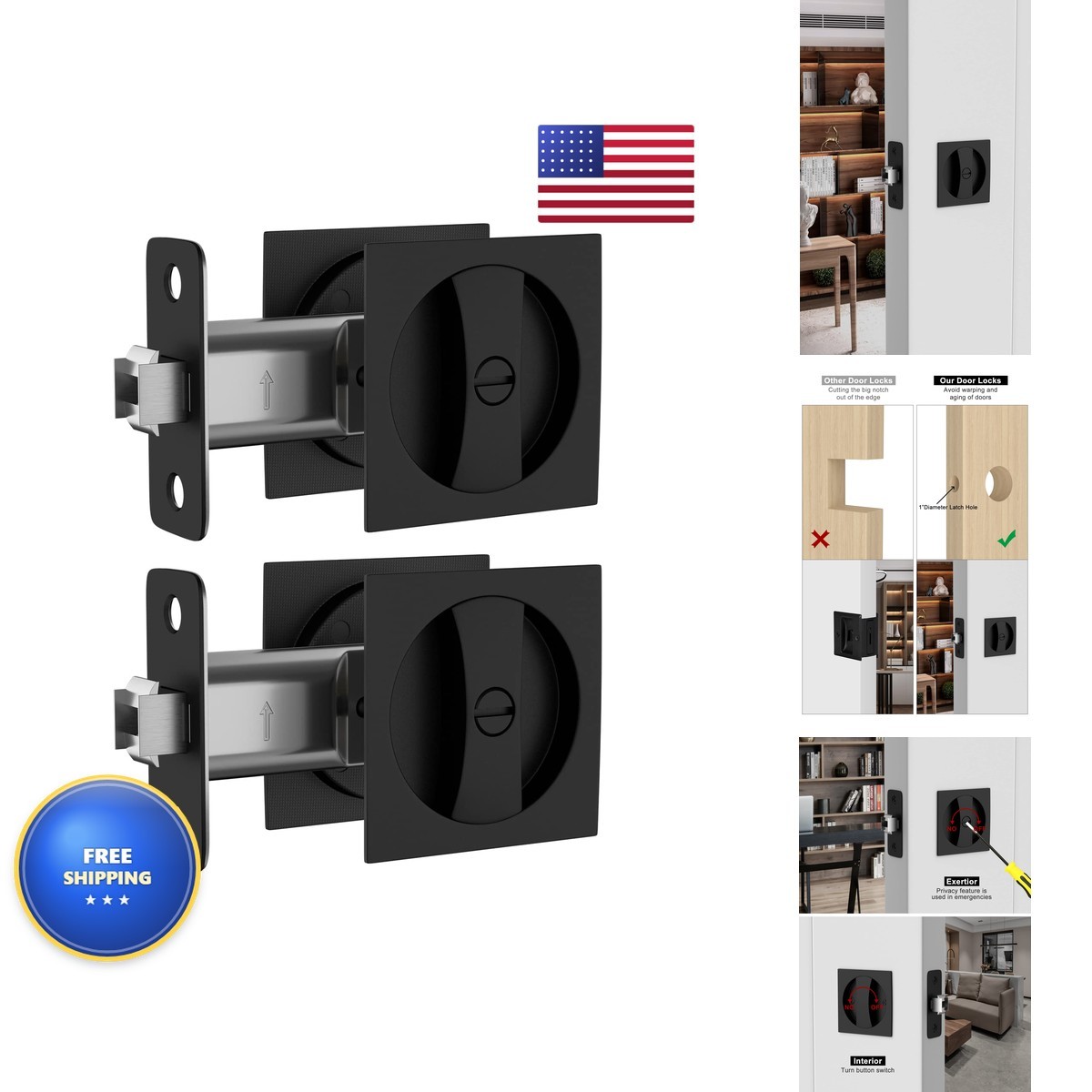 Goldenwarm Pocket Door Lock 2 Pack Matte Black Privacy Square Latch 2-3/8\ Goldenwarm Pocket Door Lock 2 Pack Matte Black Privacy Square Latch 2-3/8\