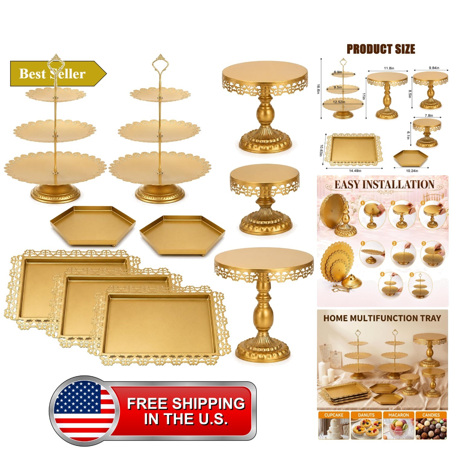 Set of 10 Gold Cake Stand, Metal Dessert Table Display Set Tiered Cupcake Hol... Set of 10 Gold Cake Stand, Metal Dessert Table Display Set Tiered Cupcake Hol...