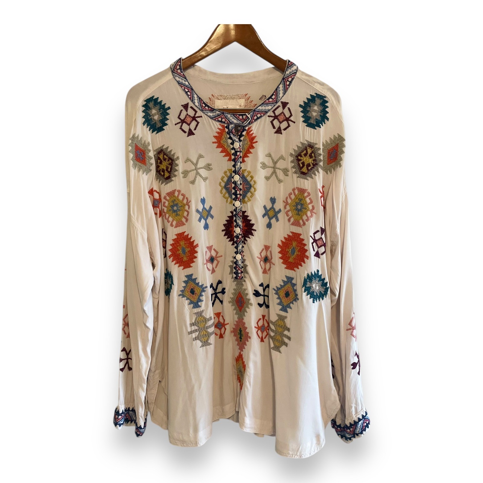 Johnny Was Biya Floral Embroidered Henley Tunic Top Blouse Women\'s Size XL Johnny Was Biya Floral Embroidered Henley Tunic Top Blouse Women\'s Size XL