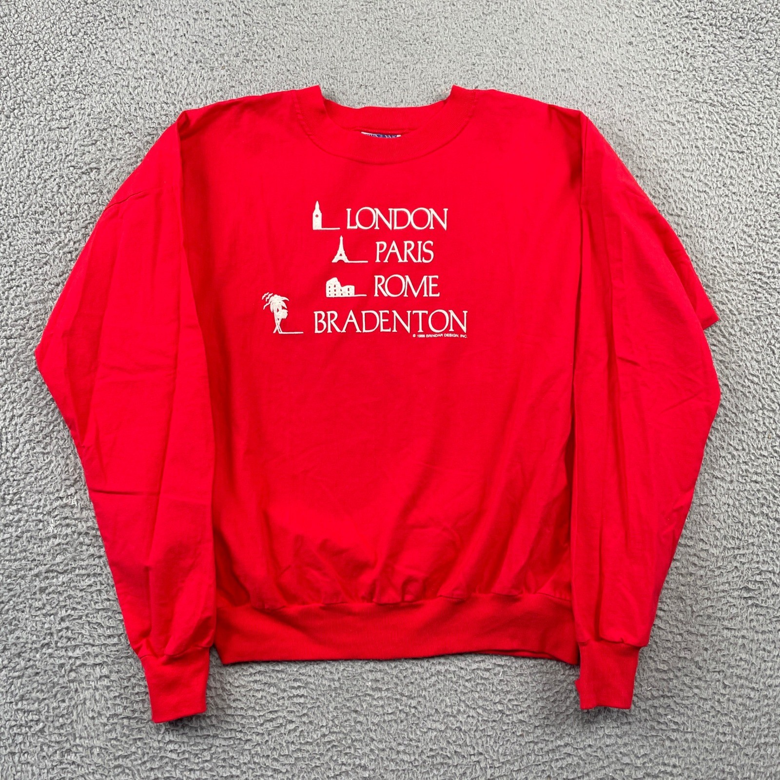 Vintage USA Brindar Sport Sweatshirt Mens L Red Bradenton London Paris Rome 1988 Vintage USA Brindar Sport Sweatshirt Mens L Red Bradenton London Paris Rome 1988