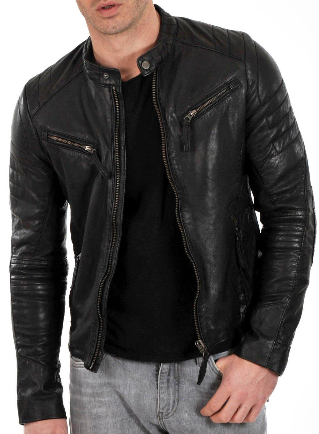 Cafe Racer  Leather Jacket Soft Real Sheep Napa Leather Biker Style