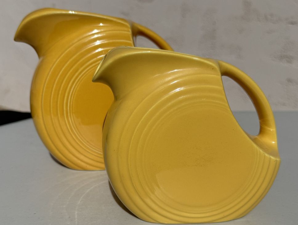 Vintage Fiesta 1 Original Yellow Disk Water & 1 Juice Pitchers Homer Laughlin Vintage Fiesta 1 Original Yellow Disk Water & 1 Juice Pitchers Homer Laughlin