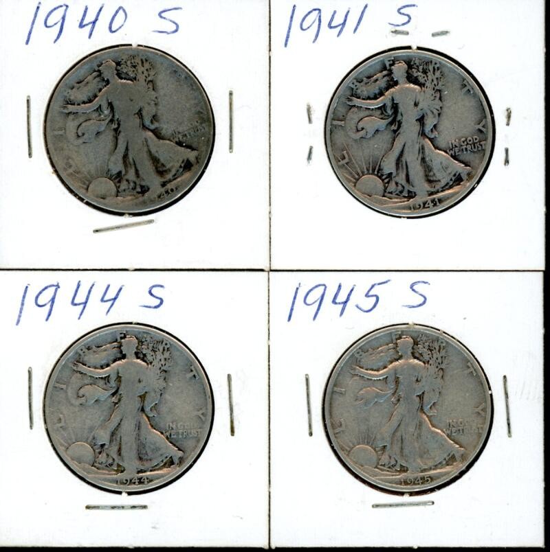 1940-S,1941-S,1944-S,1945-S US Walking Liberty Silver Half Dollar (4) Coin Lot a