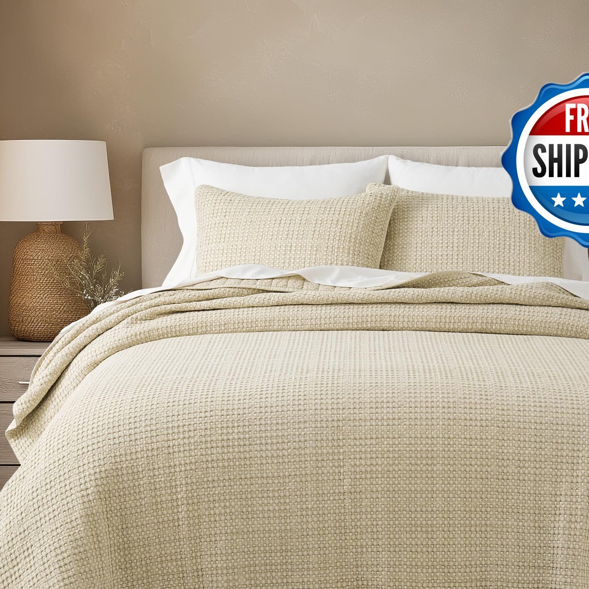 EverGrace Stonewashed Cotton Waffle Quilt Set, Queen Size, Natural EG240300 EverGrace Stonewashed Cotton Waffle Quilt Set, Queen Size, Natural EG240300