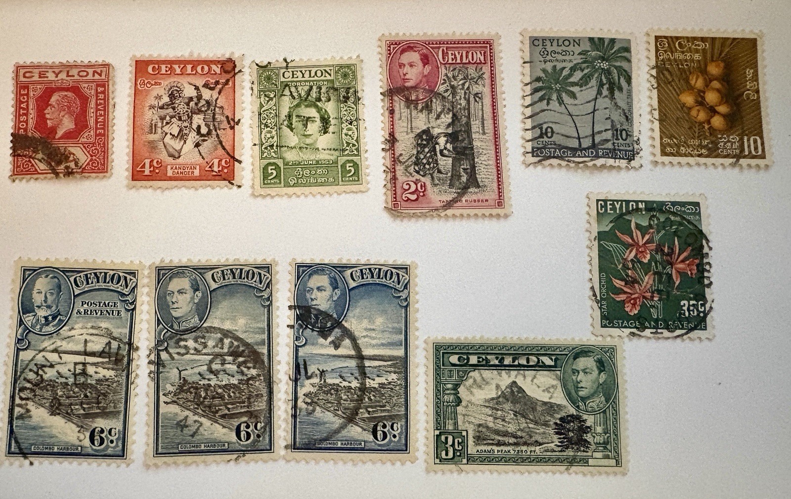 Ceylon Used Postage Stamp Lot of 8 George V/VI Royalty Flora Handstamped Ceylon Used Postage Stamp Lot of 8 George V/VI Royalty Flora Handstamped