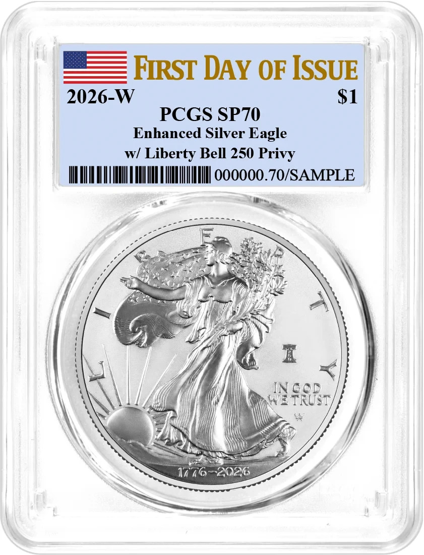 1776-2026 W $1 Enhanced Unc Silver Eagle 250th Liberty Bell Privy PCGS SP70 FDOI 1776-2026 W $1 Enhanced Unc Silver Eagle 250th Liberty Bell Privy PCGS SP70 FDOI