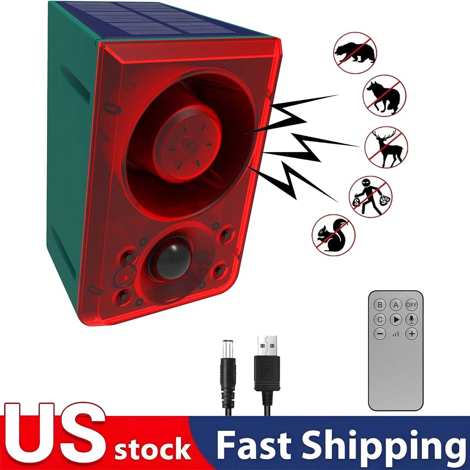 Solar Outdoor Motion Sensor Alarm Dog Barking&Gunshot Sound 130db for Yard/ Coop
