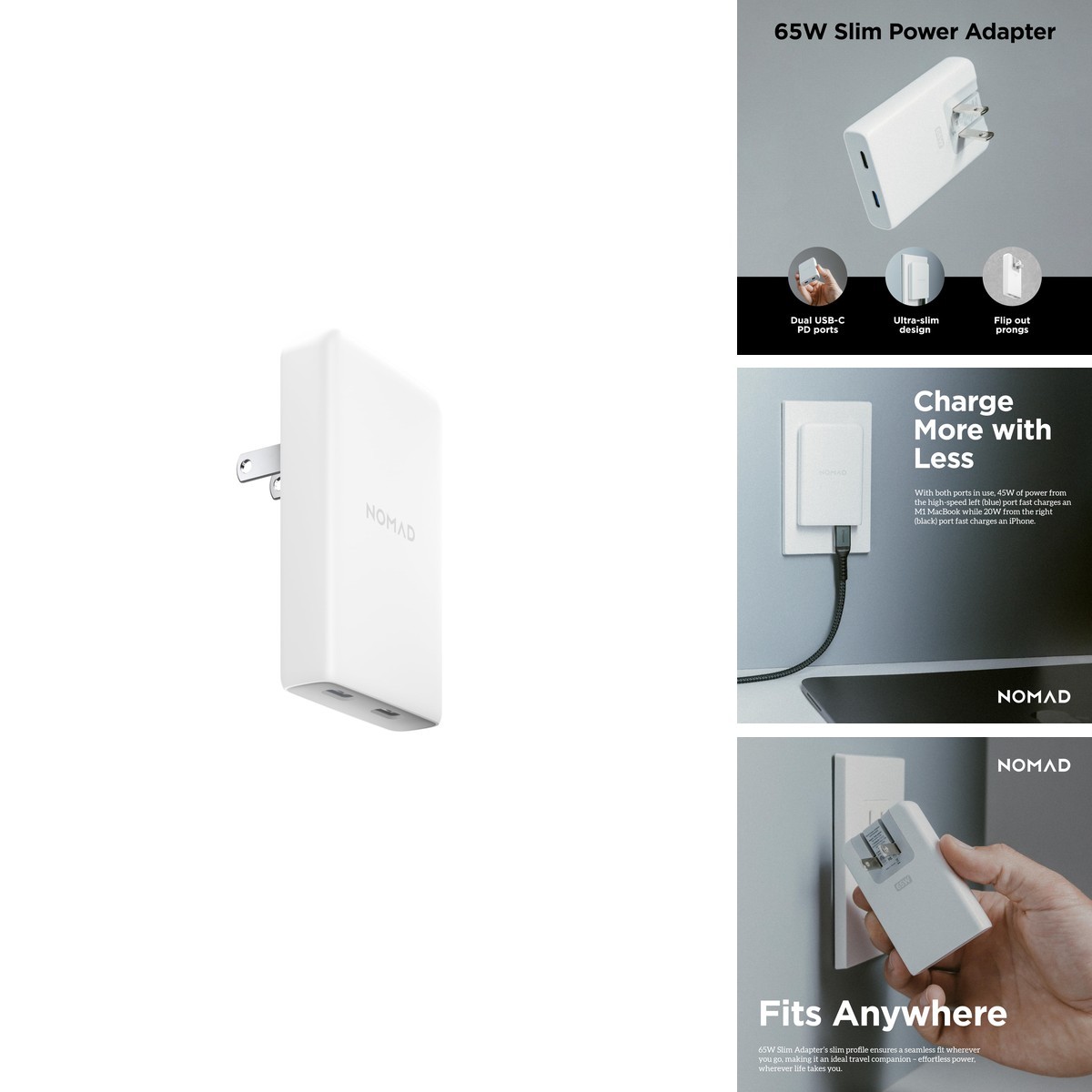 Nomad Slim Power Adapter Dual USB C 65W Wall Charger - White Nomad Slim Power Adapter Dual USB C 65W Wall Charger - White