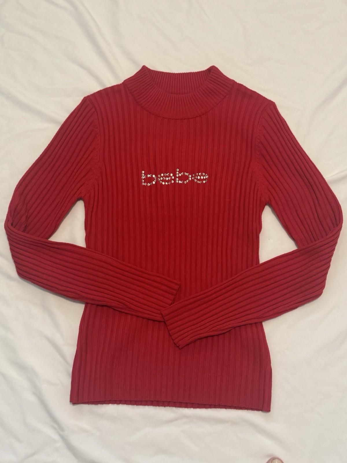 bebe Rhinestone Logo Ribbed Mock Neck Sweater Y2K Style Red NWT Size S
