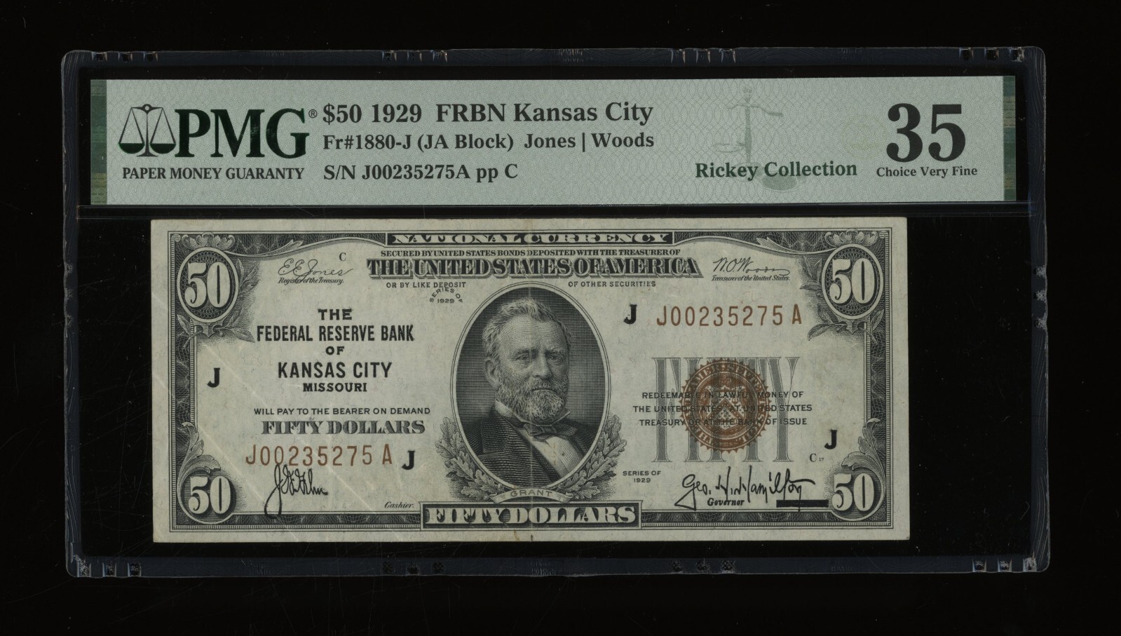 DBR 1929 $50 FRBN Kansas City Fr. 1880-J PMG 35 Serial J00235275A DBR 1929 $50 FRBN Kansas City Fr. 1880-J PMG 35 Serial J00235275A