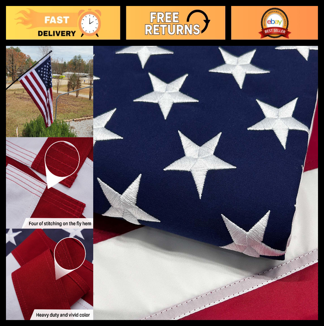 3x5 ft Heavy Duty Cotton American Flag - Embroidered Soft Cloth, 250th Anniversa 3x5 ft Heavy Duty Cotton American Flag - Embroidered Soft Cloth, 250th Anniversa