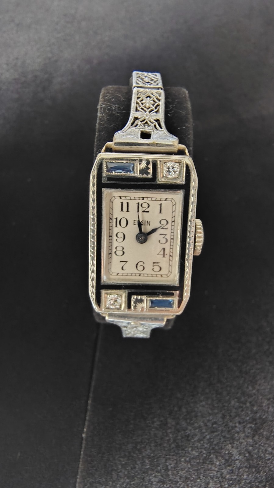 Vintage Elgin Lady with blue inlaid enamel, real diamonds