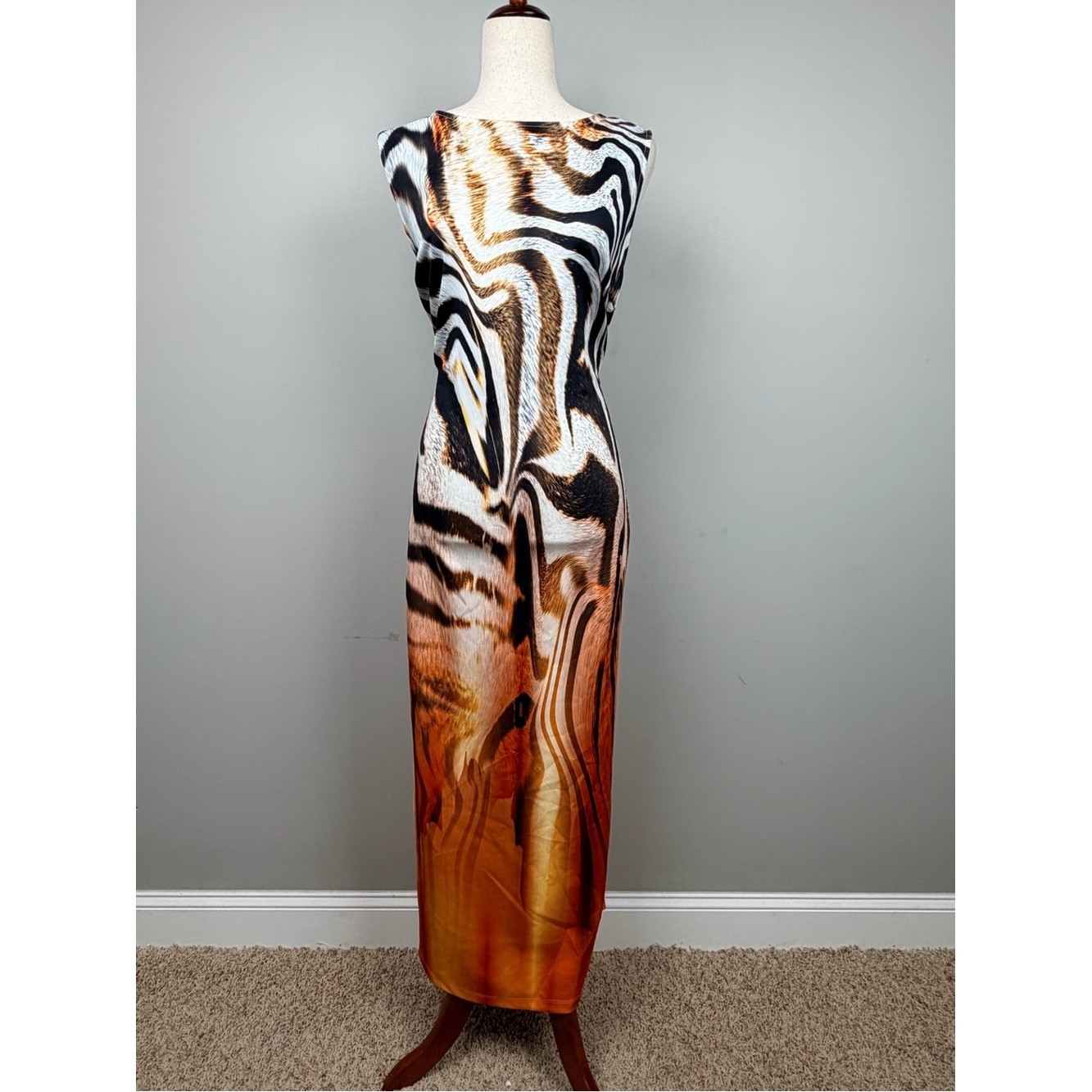 VENUS Women\'s L Maxi Dress Animal Zebra Print Side Slits Sleeveless Stretch