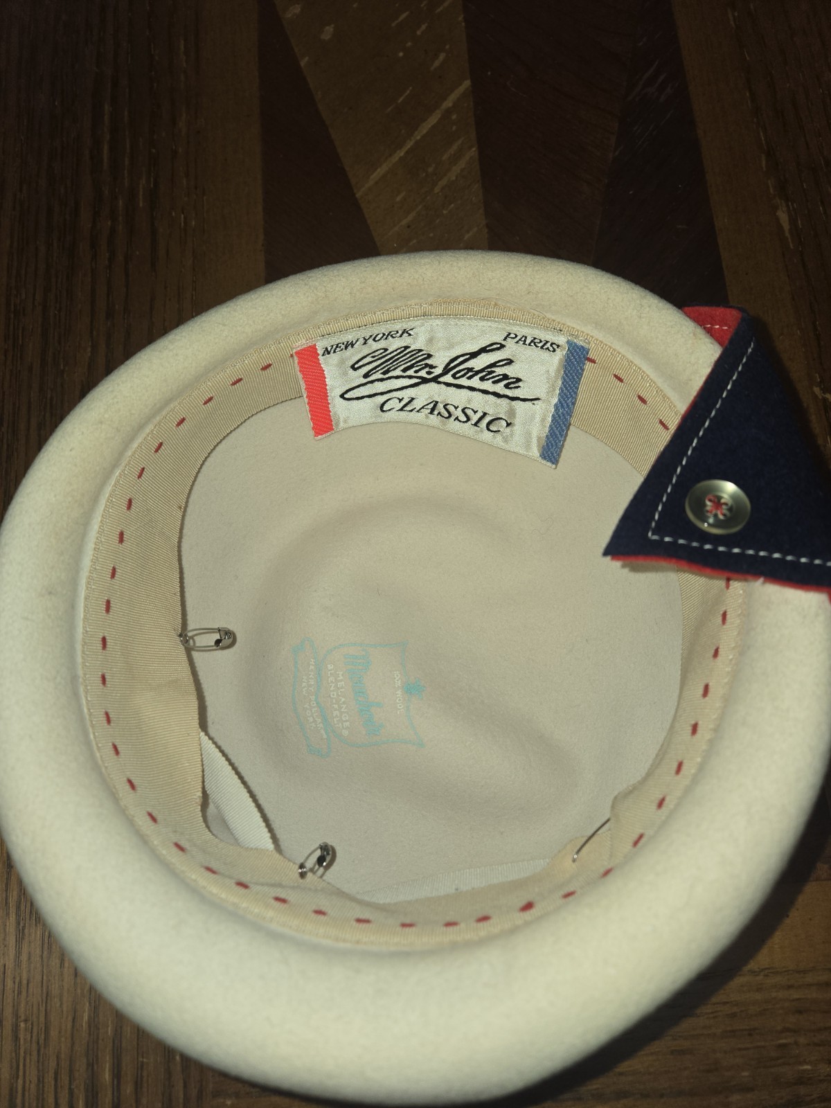 Vintage Mr. John Classic New York Paris Wool Hat Cream w Blue & Red Accent Brim