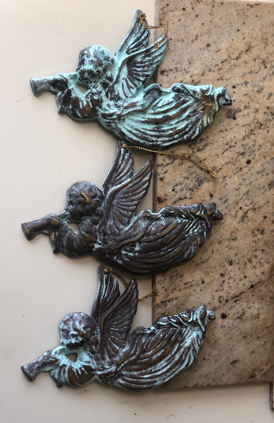 Trio of Vintage Bronze Cherub Angels with Trumpets, Ornaments, Verdigris Patina Trio of Vintage Bronze Cherub Angels with Trumpets, Ornaments, Verdigris Patina