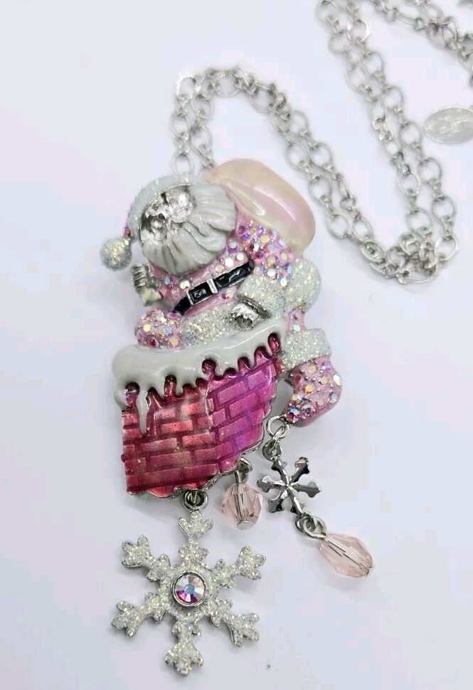 Kirks Folly Necklace Santa Pin Pendant with Chain Silver tone Pink HO HO HO Kirks Folly Necklace Santa Pin Pendant with Chain Silver tone Pink HO HO HO