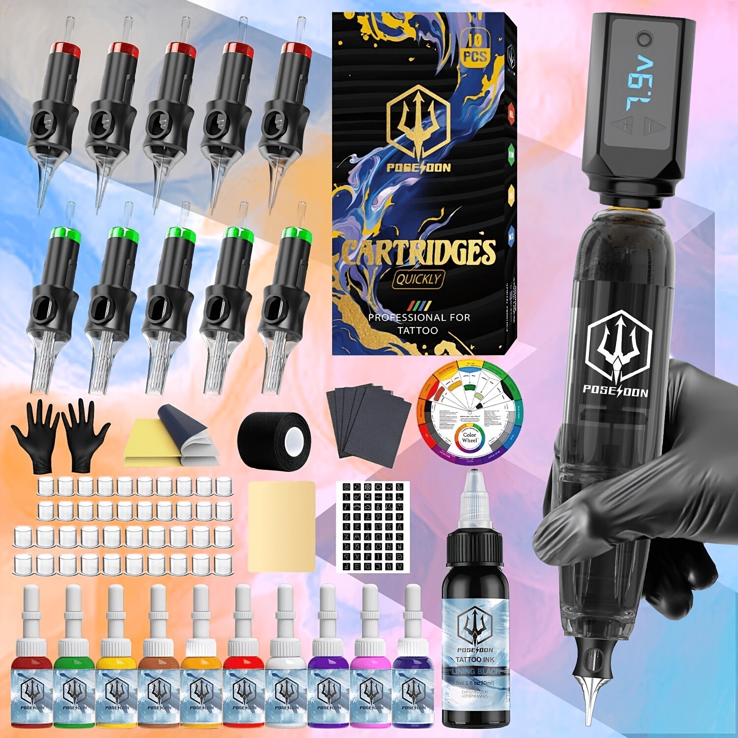 POSEIDON Wireless Tattoo Pen Machine Rotary Tattoo Gun Kit Cartridge Needle