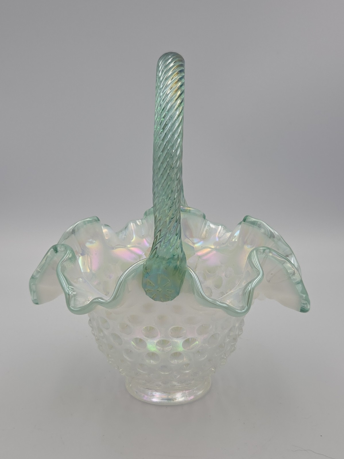 Fenton 1159 IM French Opalescent w/ Sea Mist Green Crest & Handle 8 1/4\ Fenton 1159 IM French Opalescent w/ Sea Mist Green Crest & Handle 8 1/4\