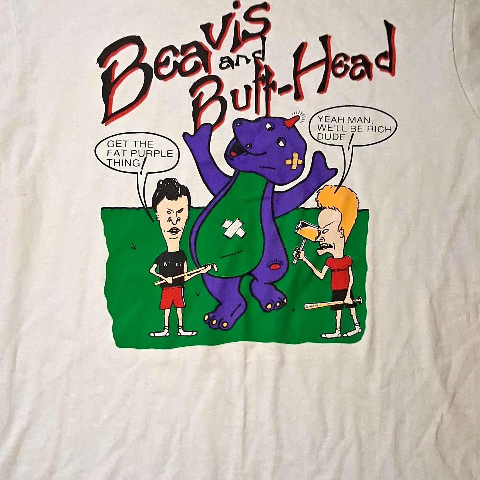 Vintage 90's Beavis and Butt-Head Barney Parody Graphic T-Shirt White Size M Vintage 90's Beavis and Butt-Head Barney Parody Graphic T-Shirt White Size M