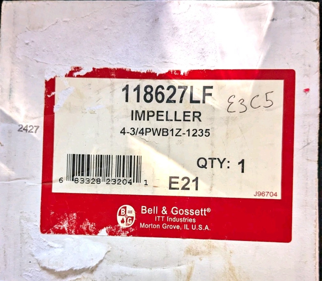 Bell & Gossett Impeller 4-3/4 OD 5 Vane 118627LF 4-3/4PWB1Z-1235 Bell & Gossett Impeller 4-3/4 OD 5 Vane 118627LF 4-3/4PWB1Z-1235