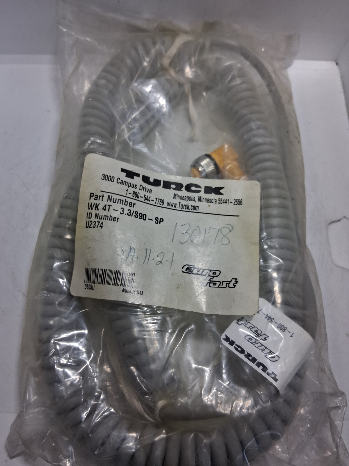 TURCK WK 4T-3.3/S90-SP (U2374) CORDSET EUROFAST RIGHT ANGLE FEMALE 4P NIB