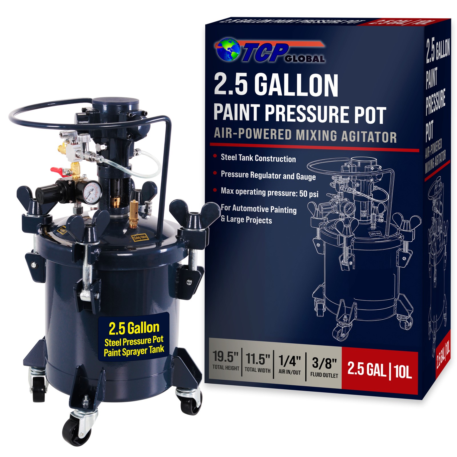 2-1/2 Gallon PRESSURE FEED PAINT POT TANK Spray Gun Sprayer Reg Air Mix Agitator