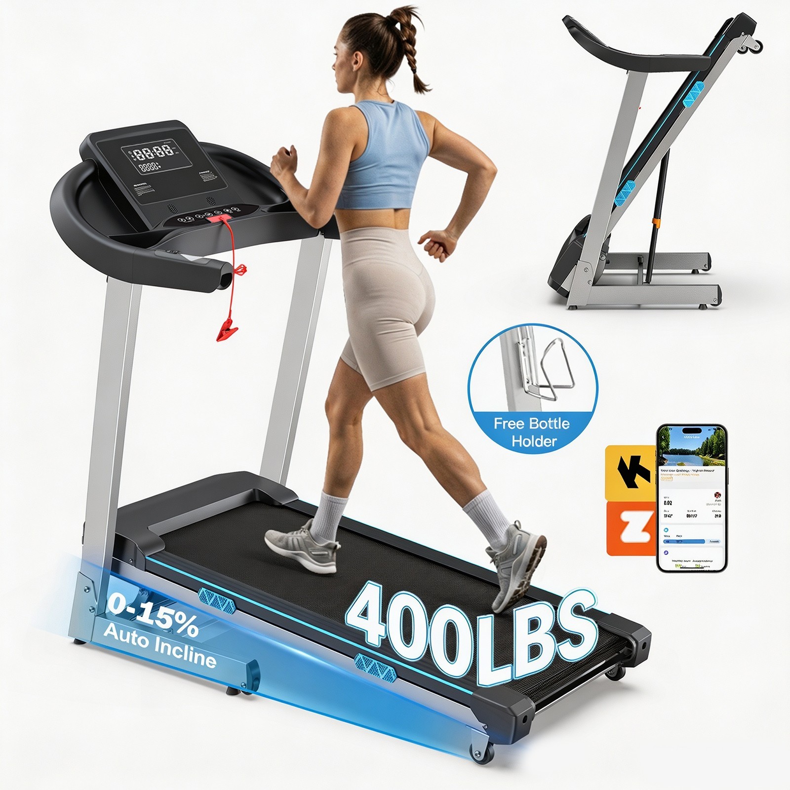 4.0HP Treadmill with Auto Incline, Foldable Treadmill 400+ lb Capacity for Home
