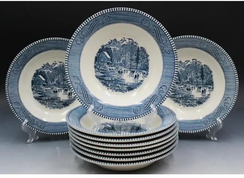 Set of 9 Currier Ives Rimmed Soup Bowls Imperial Blue Early Winter 8 1/2