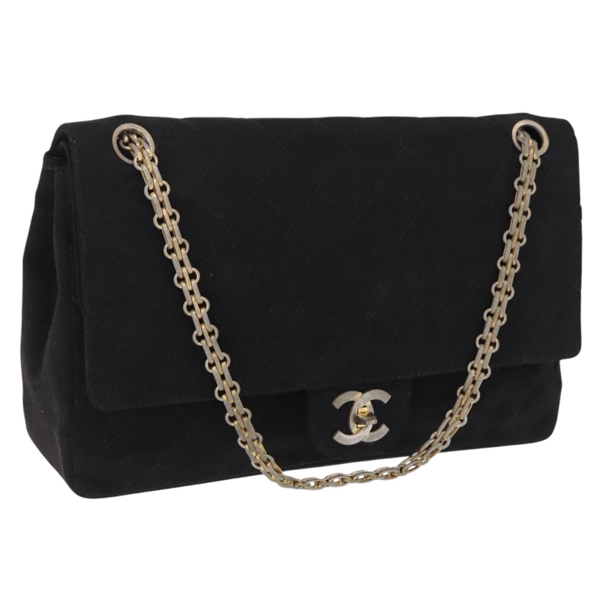 CHANEL Matelasse Chain Shoulder Bag Cotton Black Gold CC Auth bs36504