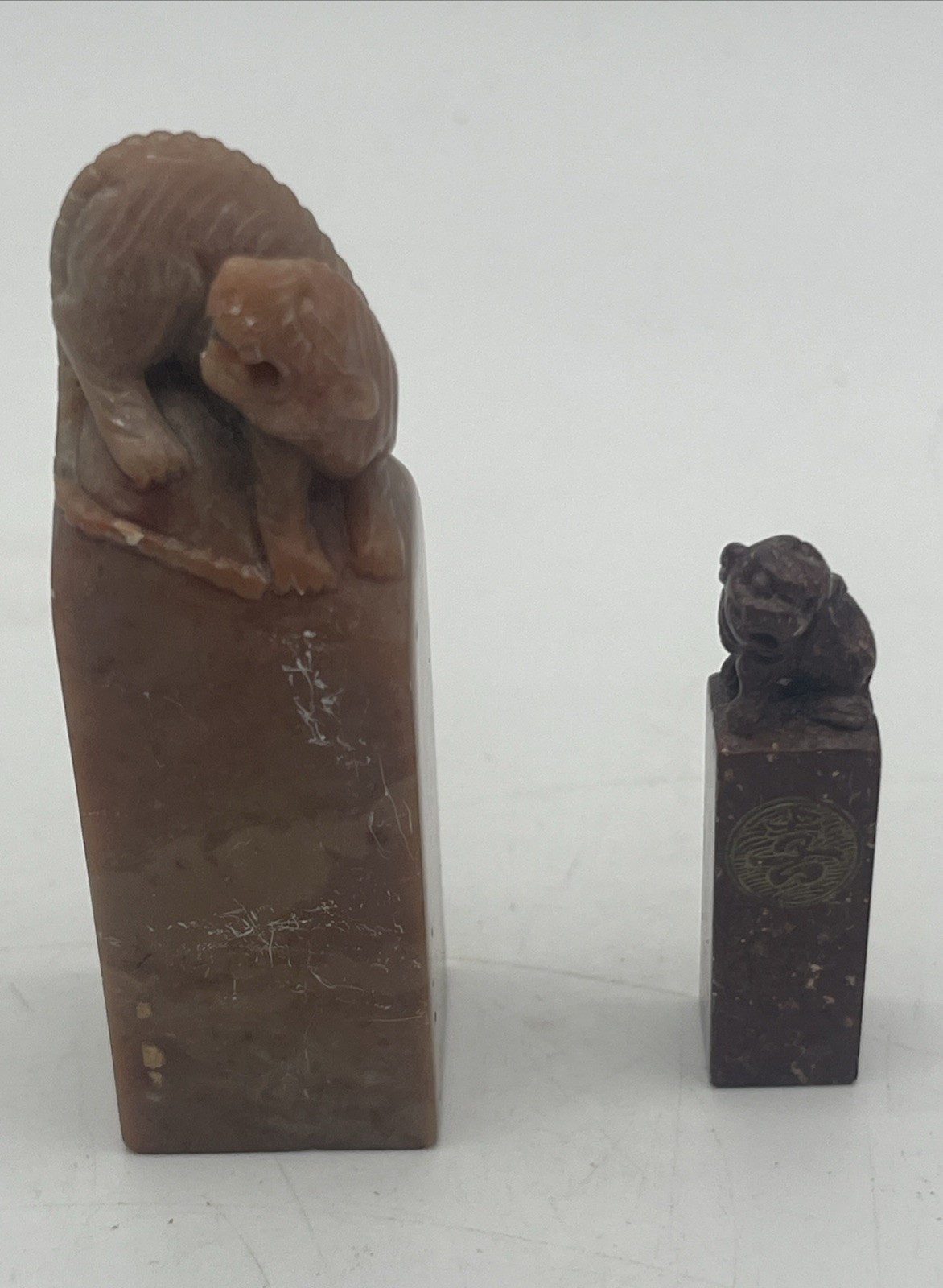 Lot Of 2 Antique Chinese Carved Soapstone Chop Seals Foo Dog Guardian Lion Stamp