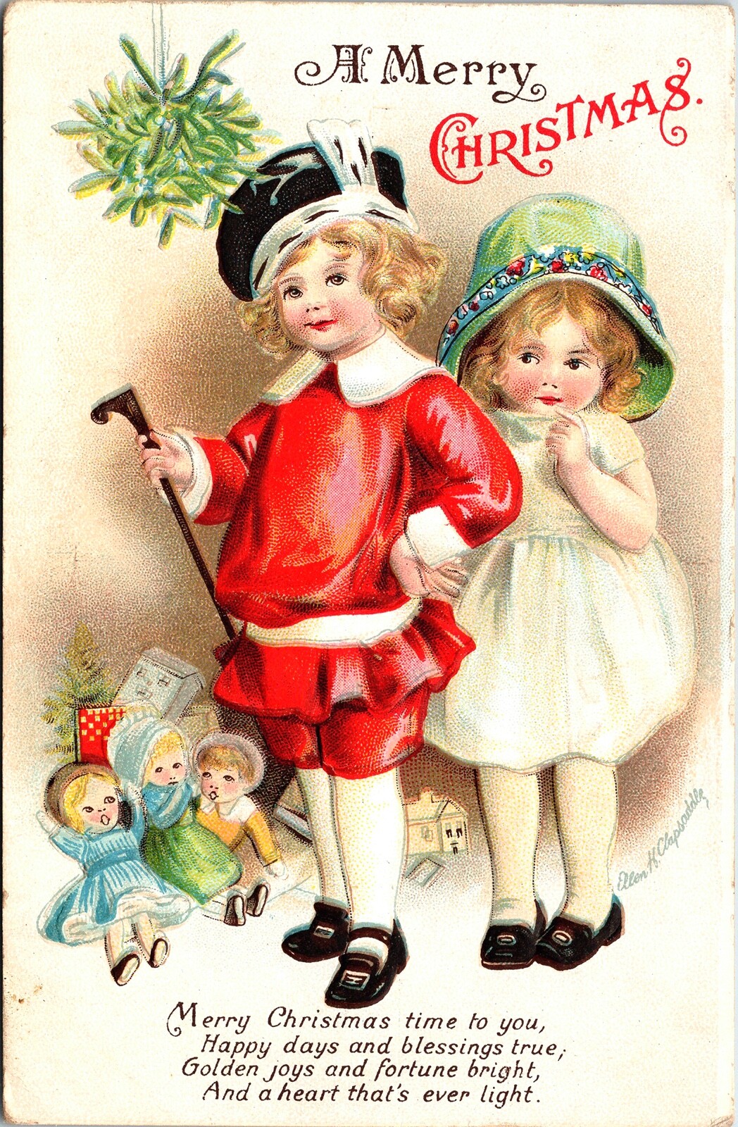 Vintage 1910's Ellen Clapsaddle Victorian Boy & Girl & Toys Christmas Postcard Vintage 1910's Ellen Clapsaddle Victorian Boy & Girl & Toys Christmas Postcard