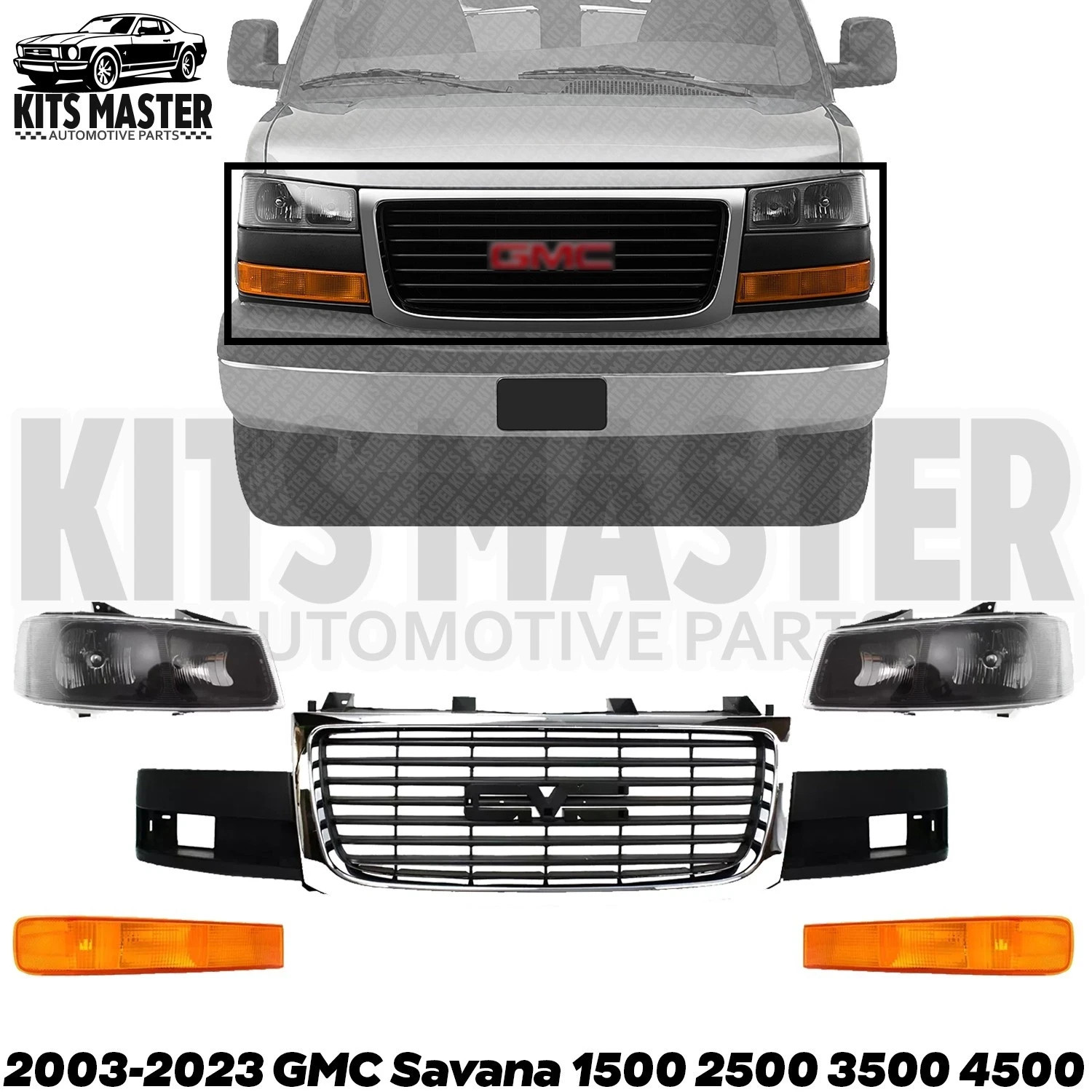 Front Grille Chrome & Headlight Kit For 2003-2023 GMC Savana 1500 2500 3500 4500