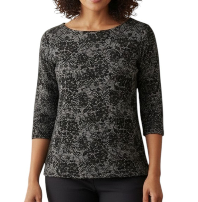 Chico\'s Women\'s Gray Black Lace Print 3/4 Sleeve Knit Top Size 2 Large