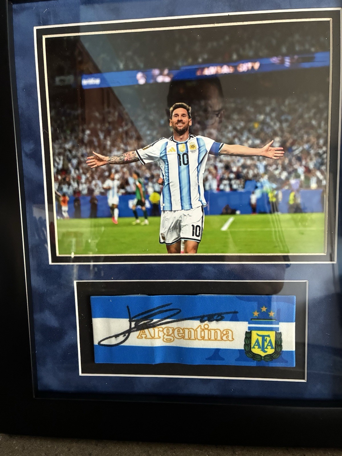 Lionel Messi Autographed Framed Argentina Captain’s Armband With 8x10 With Cert Lionel Messi Autographed Framed Argentina Captain’s Armband With 8x10 With Cert
