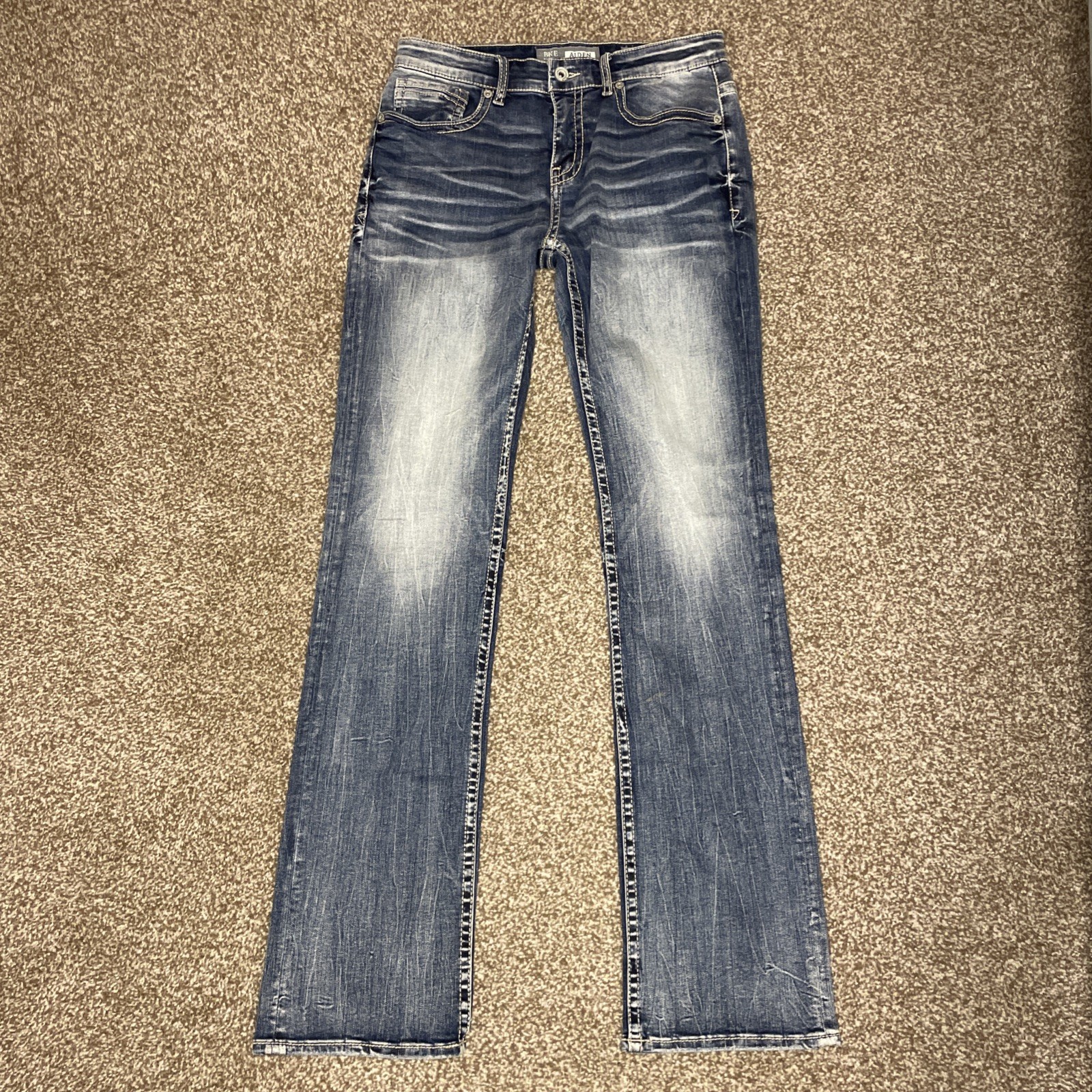 BKE Aiden Jeans Denim Bootleg Whiskered Buckle Pants Mens 32XL Thick Stitched BKE Aiden Jeans Denim Bootleg Whiskered Buckle Pants Mens 32XL Thick Stitched