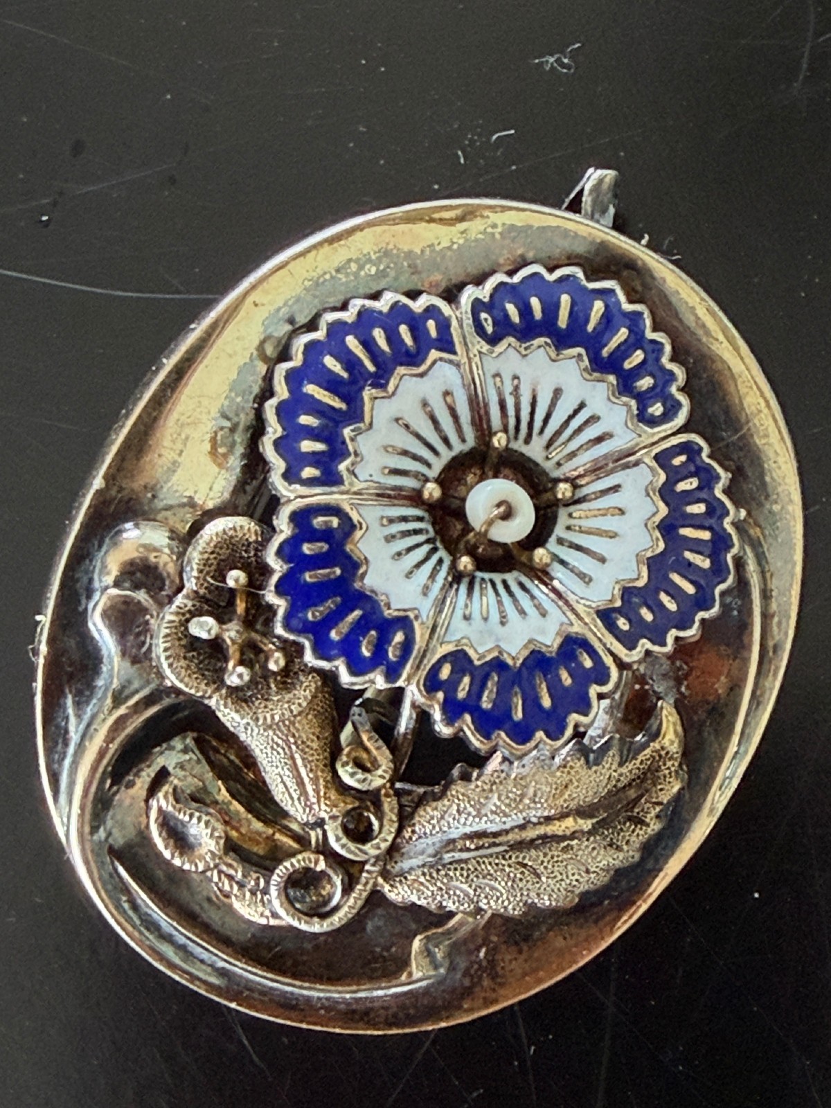 Antique Biedermeier Brooch Pin Blue White Enamel Flower & Pearl German Antique Biedermeier Brooch Pin Blue White Enamel Flower & Pearl German