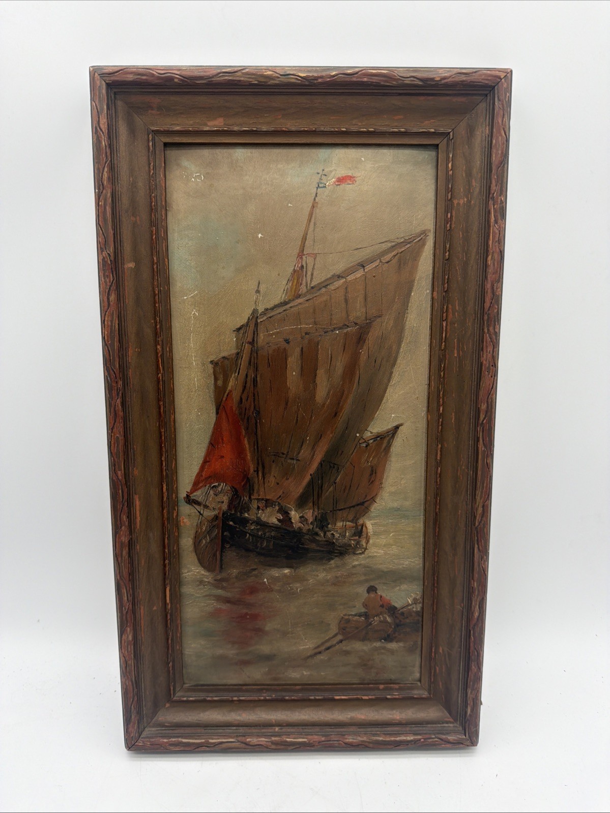 19th Century - Antique Oil painting - Sailboat 17”x9.5” 19th Century - Antique Oil painting - Sailboat 17”x9.5”