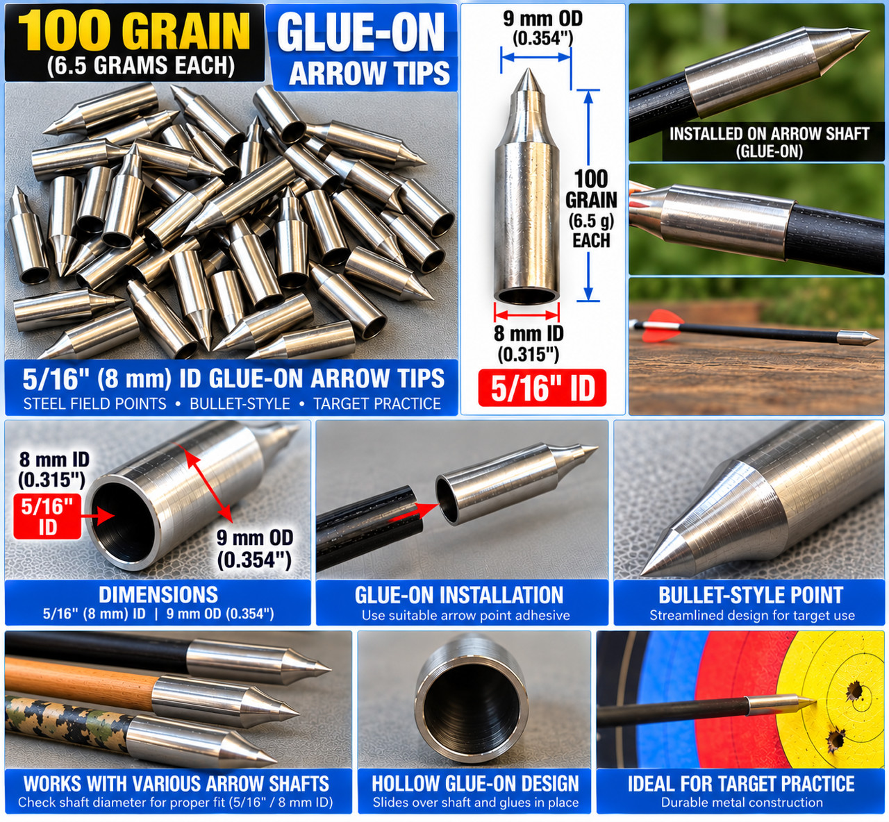 36pc 100 Grain Bullet Arrow Tips Glue-On Arrowheads 5/16\