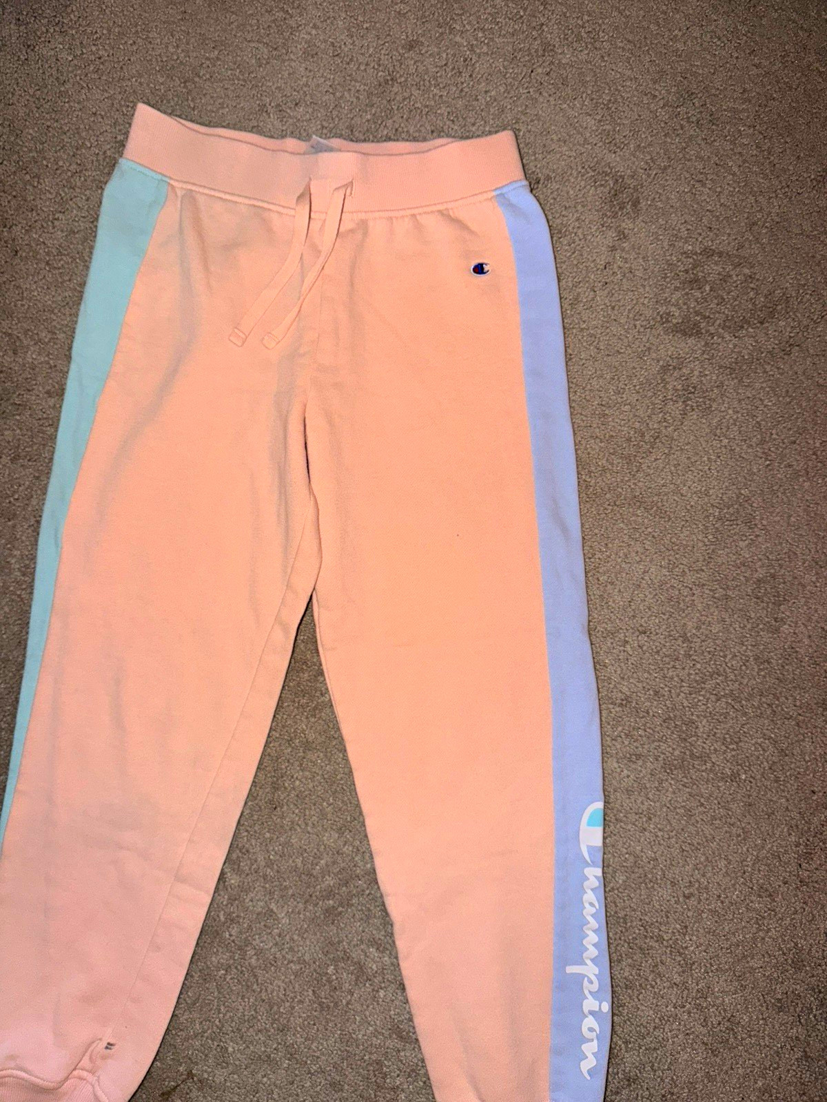 Champion Women’s XL Pink Fleece Jogger Pants Logo Blue Stripe Drawstring Champion Women’s XL Pink Fleece Jogger Pants Logo Blue Stripe Drawstring